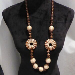 VINTAGE 38” LARGE WOODEN BEADED STRING EMBELLISHED NECKLACE LEI